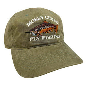 Mossy Creek Fly Fishing vintage unstructured 6-panel hat in loden with brown trout logo
