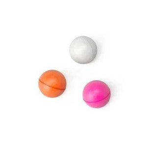 Three small Oros strike indicators in white, orange and pink