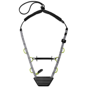 Orvis fly fishing lanyard, sold without tools, in gray webbing with lime green paracord loops and black fly drying patch