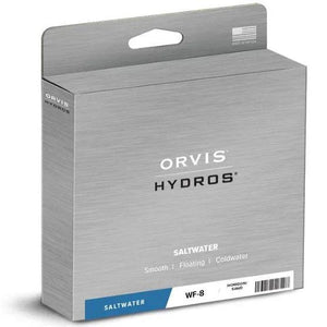 Orvis Hydros fly line box in silver-gray with a blue Saltwater label