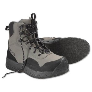 Orvis Clearwater felt sole wading boots in gray, pair shown from the side with felt outsole