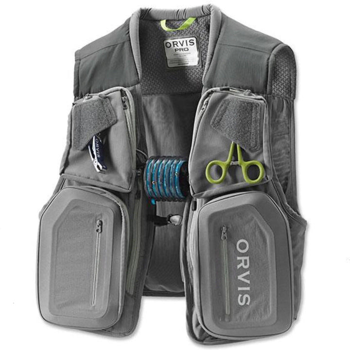 Orvis Pro Fly Fishing Vest, front view with chest pockets and tools attached