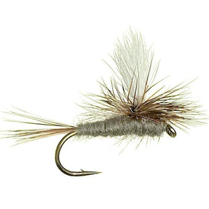 Parachute Adams dry fly with gray body, white parachute post and grizzly hackle