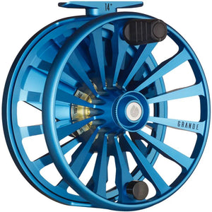 Redington Grande fly reel in Marine blue, angled view showing spool and frame