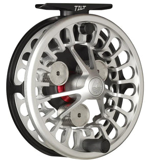 Redington Tilt Euro Nymph fly reel in Silver/Black, angled front view