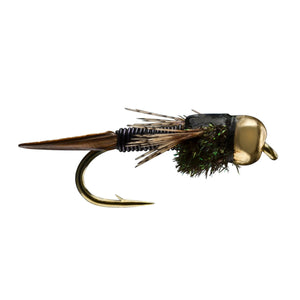 RIO Copper John Black nymph with wire abdomen, peacock thorax and split tail