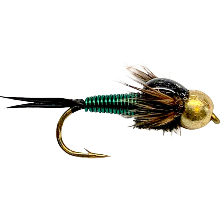 RIO Copper John Green nymph with wire abdomen, peacock thorax and split tail