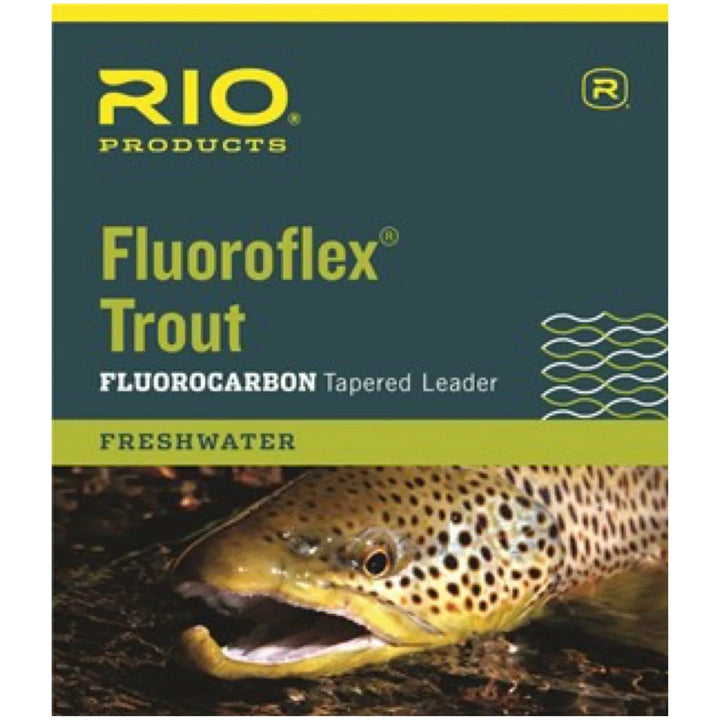 RIO Fluoroflex Trout fluorocarbon tapered leader package with brown trout artwork