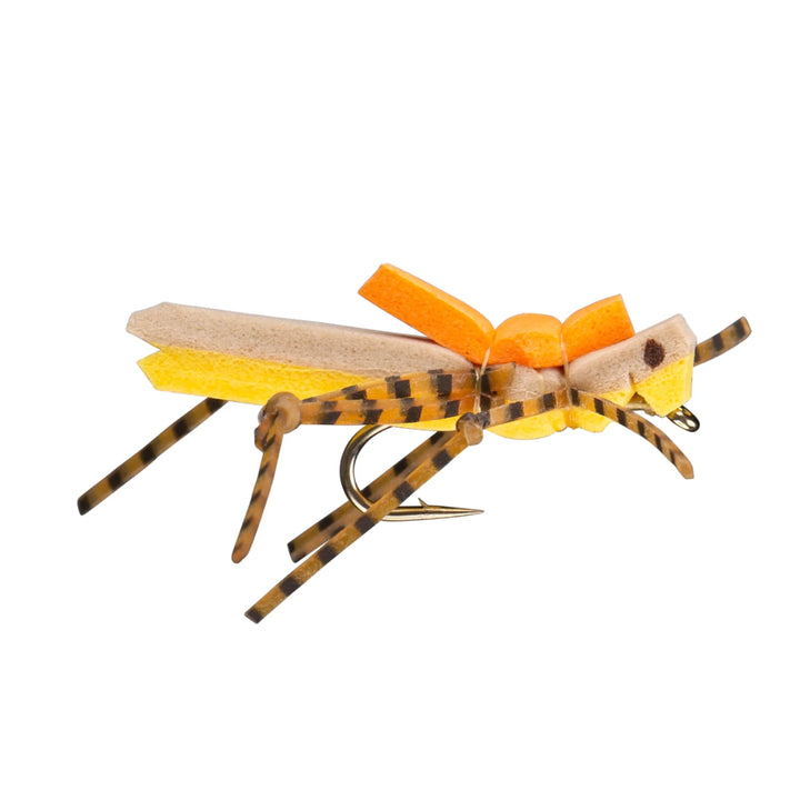 RIO Morrish Hopper Golden dry fly with foam body, rubber legs and orange top