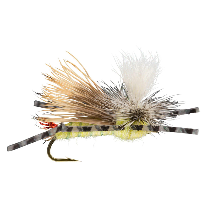 Parachute Hopper dry fly with yellow dubbed body, mottled wing, white post and barred rubber legs