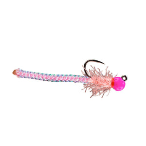 RIO Pool Noodle Pink, worm fly with tungsten bead on a jig hook