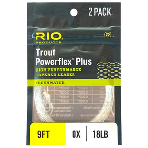 RIO Powerflex Plus trout leader 2-pack in dark green packaging, 9 ft 0X 18 lb label
