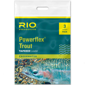 RIO Powerflex Trout tapered leader 3-pack in teal and yellow packaging with trout artwork