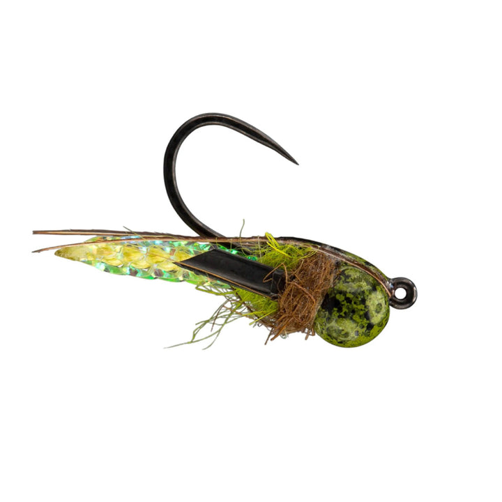 RIO Puparazzi Light Olive, caddis pupa with mottled tungsten bead and dark wing pads