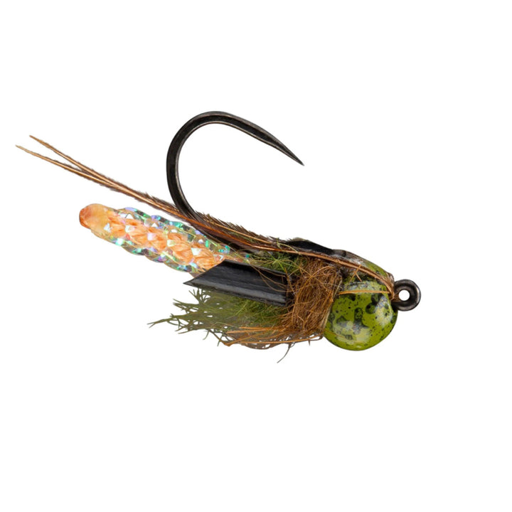 RIO Puparazzi Tan/Olive, caddis pupa with mottled tungsten bead and dark wing pads