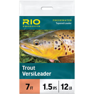 RIO Trout VersiLeader package with brown trout artwork, 7 ft 1.5 ips 12 lb label
