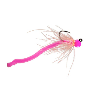 RIO Worm Farm Pink fly with tungsten bead, CDC collar and stretchy worm body
