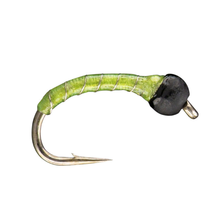 RIO Zebra Midge Chartreuse nymph with matte black tungsten bead and coated body