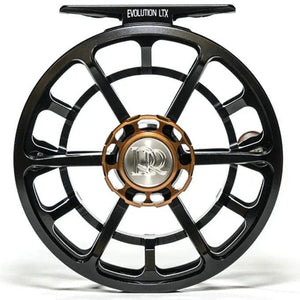 Ross Evolution LTX fly reel in black, front view with bronze-tone center hub