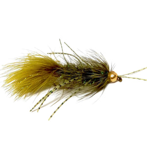 Olive Rubber Legged Crystal Bugger fly with gold bead, flashy olive body and barred rubber legs