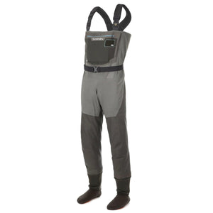 Simms Women's G3 Guide stockingfoot waders, front view, gray upper and dark lower legs