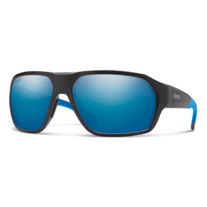 Smith Deckboss sunglasses, Matte Black Blue frame, ChromaPop Glass Polarized Blue Mirror lens, three-quarter view