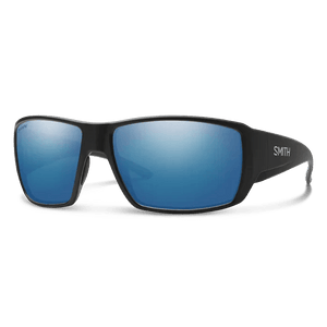 Smith Guide's Choice sunglasses, Matte Black frame, ChromaPop Glass Polarized Blue Mirror lens, three-quarter view