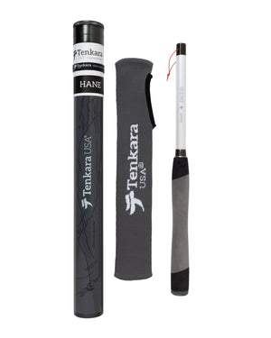 Tenkara USA Hane tenkara rod collapsed with gray rod sock and gray rod tube