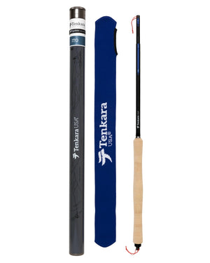 Tenkara USA Ito tenkara rod collapsed with cork handle, blue rod sock and gray rod tube