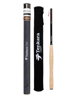 Tenkara USA Iwana rod collapsed with cork handle, black rod sock and dark gray rod tube