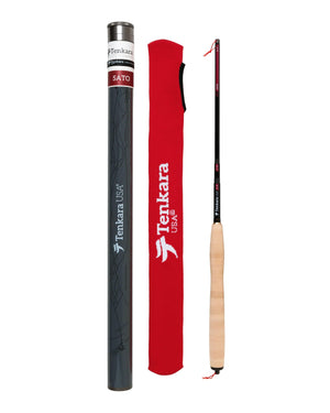 Tenkara USA Sato tenkara rod collapsed with cork handle, red rod sock and gray rod tube