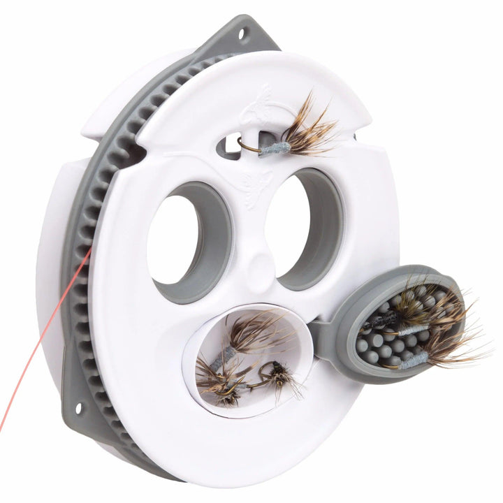 Tenkara USA Keeper line holder, white spool with a fly compartment holding flies