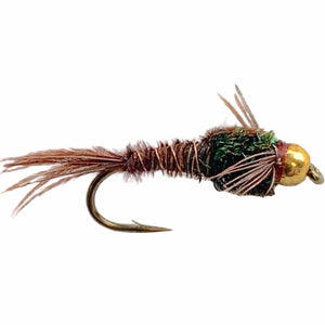 Umpqua Bead Head Pheasant Tail nymph with gold bead and pheasant-tail body