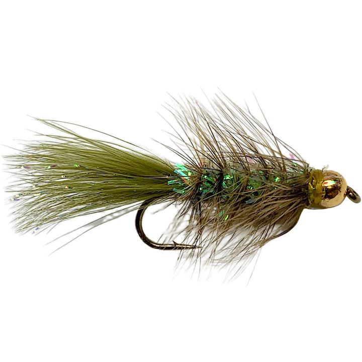 Umpqua Crystal Bugger Olive streamer with gold bead, flash body and marabou tail