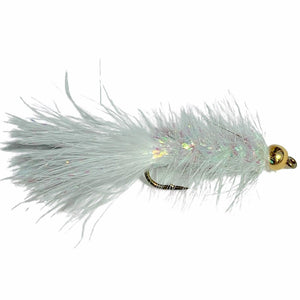Umpqua Crystal Bugger White streamer with gold bead, flash body and marabou tail
