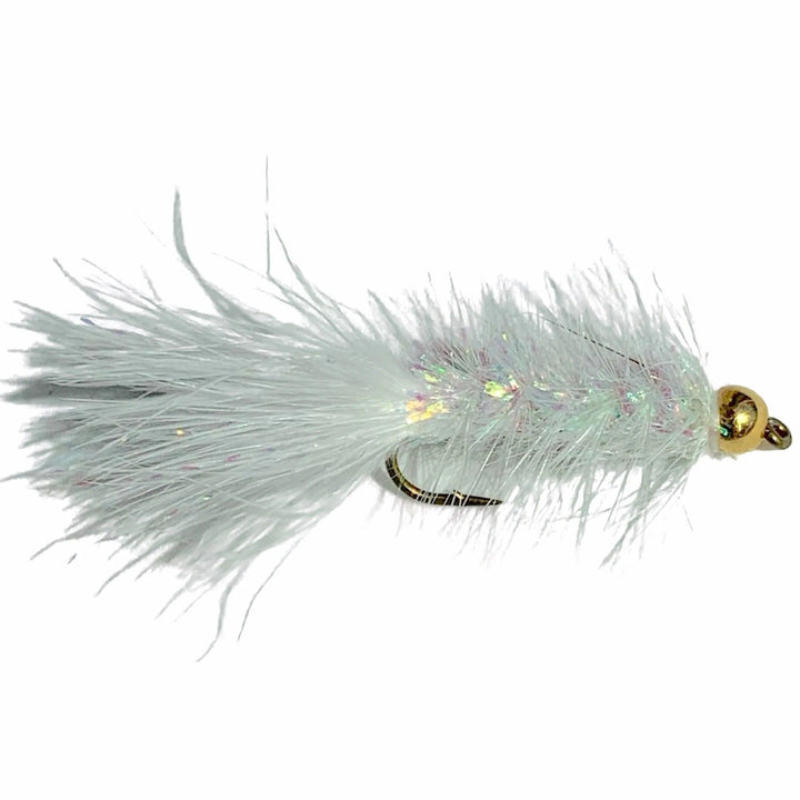 Umpqua Crystal Bugger White streamer with gold bead, flash body and marabou tail