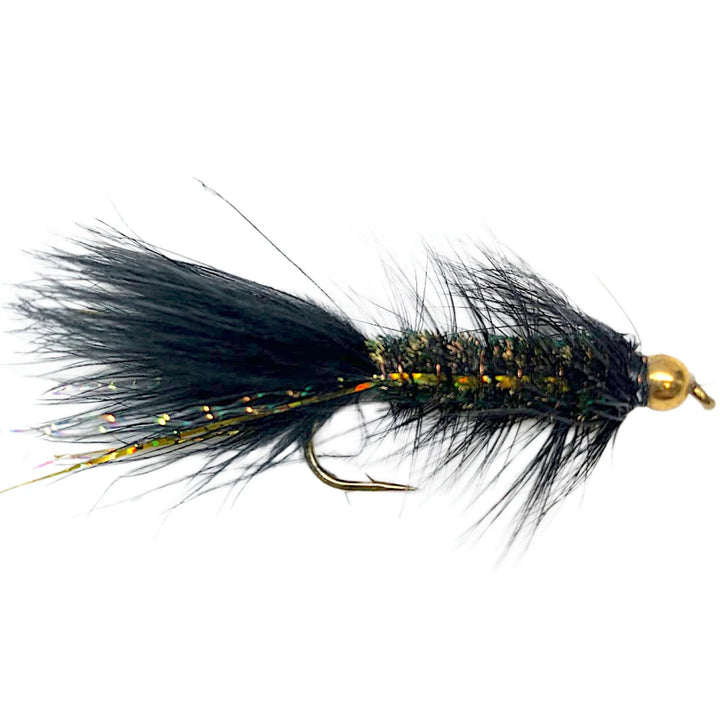 Umpqua Flash-A-Bugger Black streamer with gold bead, flash body and marabou tail