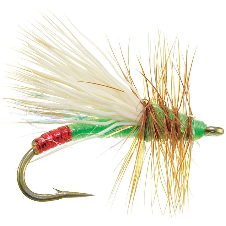 Umpqua Mini Hot Garcia Green dry fly with hot tinsel butt and elk hair wing