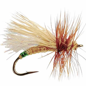 Umpqua Mini Hot Garcia Tan dry fly with hot tinsel butt and elk hair wing