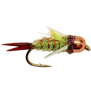 Umpqua Psycho Prince Caddis Green nymph with bead head and flashy body